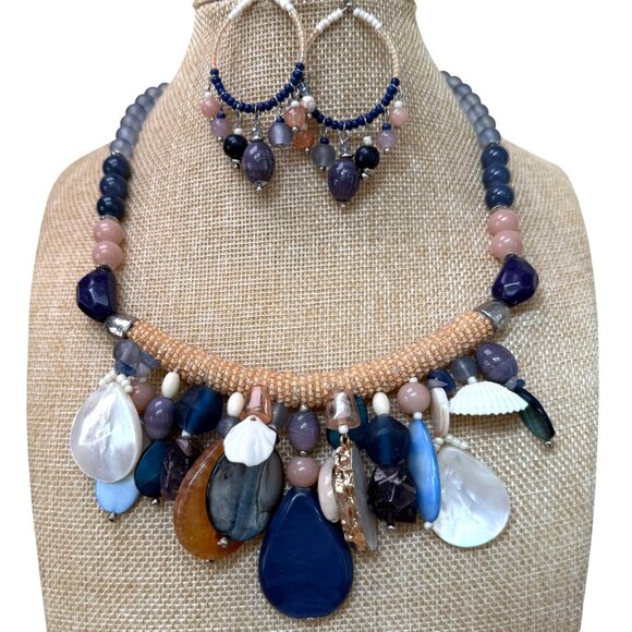 Chico's Jewelry - Chunky Beaded Necklace Hoop Earrings Set Gemstone Shell, Coastal, Beachy, Vacay